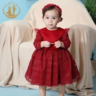 Nimble Bulk Wholesale Kids Clothing Long Sleeve Lace Kids Net Frock Designs Red Baby Girls Dresses With Headband