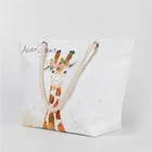 Custom Eco-friendly Material Paper grass cloth Hand-Drawn Giraffe Tote Handbag Beach Shoulder Bag for Woman