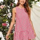 Cute plaid vintage ladies casual bubble sleeve summer girls fancy linen dresses women clothing
