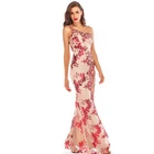 2019 Women Fashion Ladies Sleeveless One Shoulder Red Sequin Apricot Sexy Split Flare Hem Party Maxi Evening Long Dress