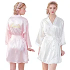 Women plain short silk kimono satin robe bathrobe gift embroidery bride robes