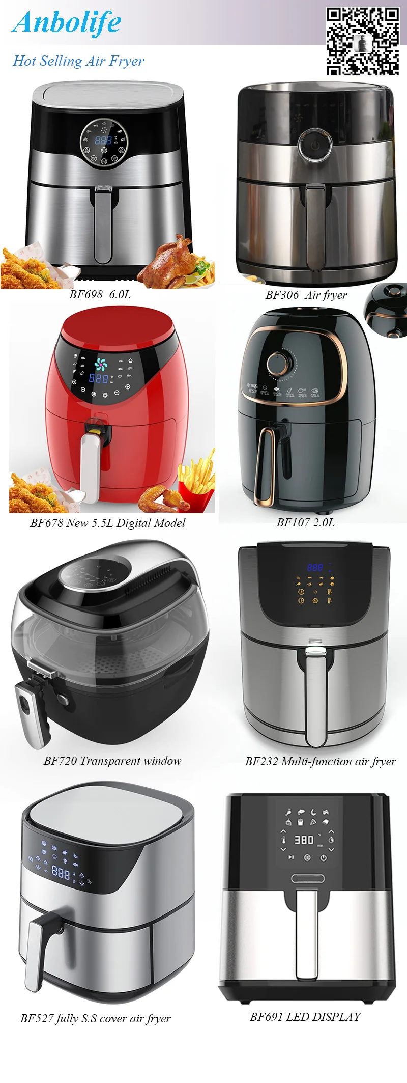 Anbo 5.2L 1400W double tanks table top stainless steel electric air deep fryer without oil low fat air deep fyer