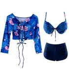 Women Surf 3 Piece Swimsuit Women Sun Protection Long Sleeve Swimwear Bathing Suit Lace Up Halter Tankini With Underwire
