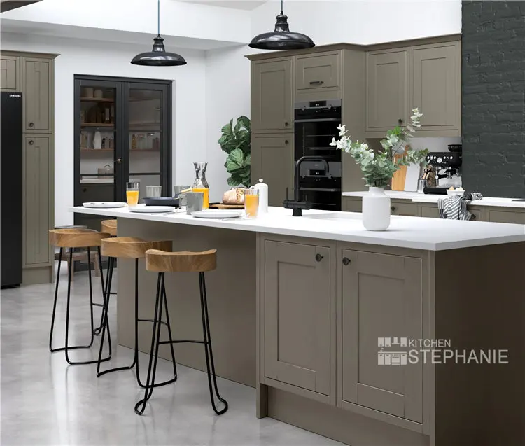 classic kitchen cabinet with luxury island, gray cupboard wood  kitchen cabinet