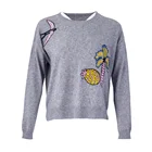 Fashion design pullover long sleeve crew neck wool knit Embroidery winter warm grey women Sweater
