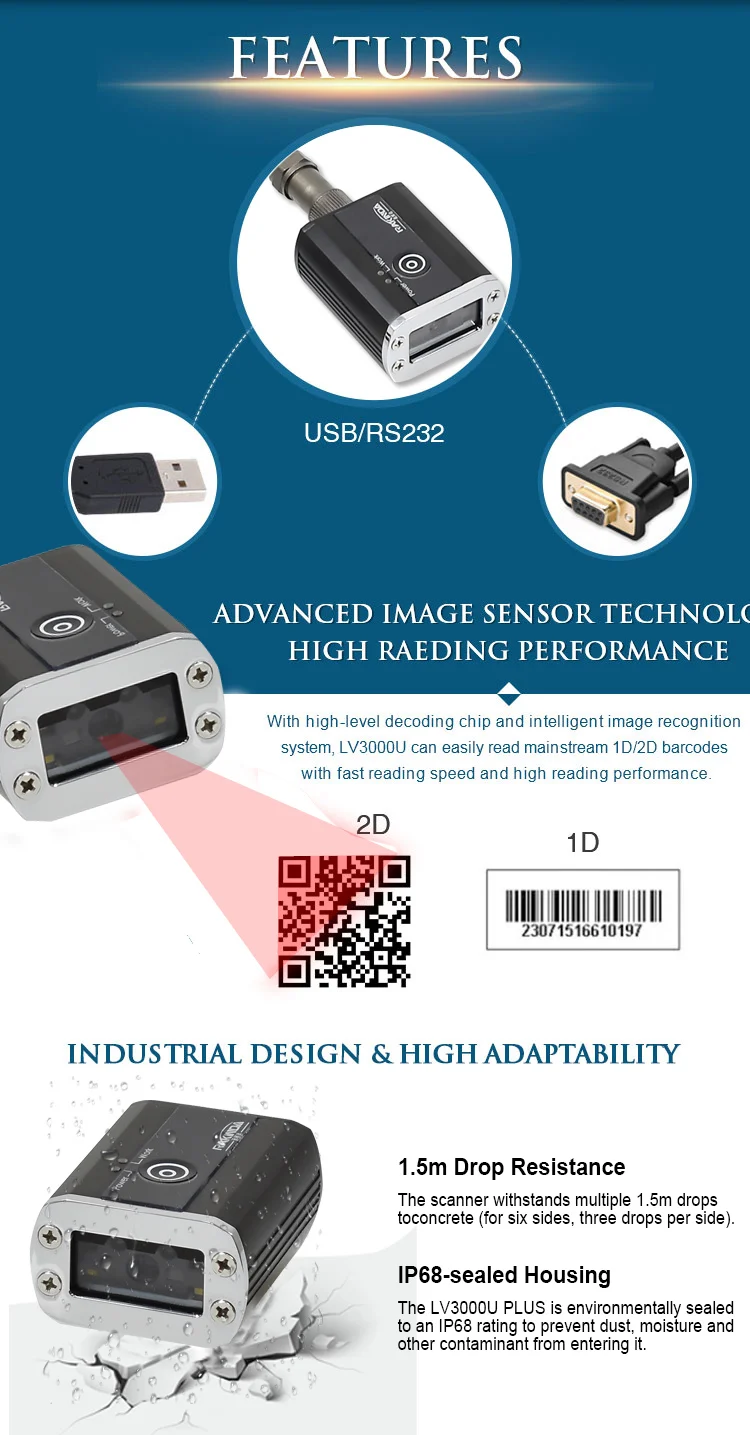 IP68 Industrial Code Reader Automatic Inductive 1D 2D Barcode Scanner Module for Warehouse Automation