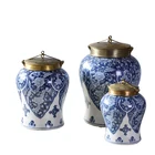Luxury Antique Creative Home ornaments decor hand made brass carved blue and white ceramic jar and candy box