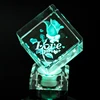 3D Laser Engraving Flower Crystal Cube Crystal Rose Cube With LED Base For Wedding Decoration & Gift