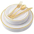 White Gold Round Disposable Tableware Plastic Plate And Cutlery Set