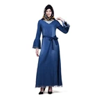 Wholesale Ladies Denim Abaya Tie Trumpet Sleeve Lace Muslim Belted Long Dress Plus Size