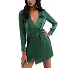 OEM Service Women 2019 New Design Casual Wrap Tie Waist Long Sleeves Mini Dress In High Shine Satin