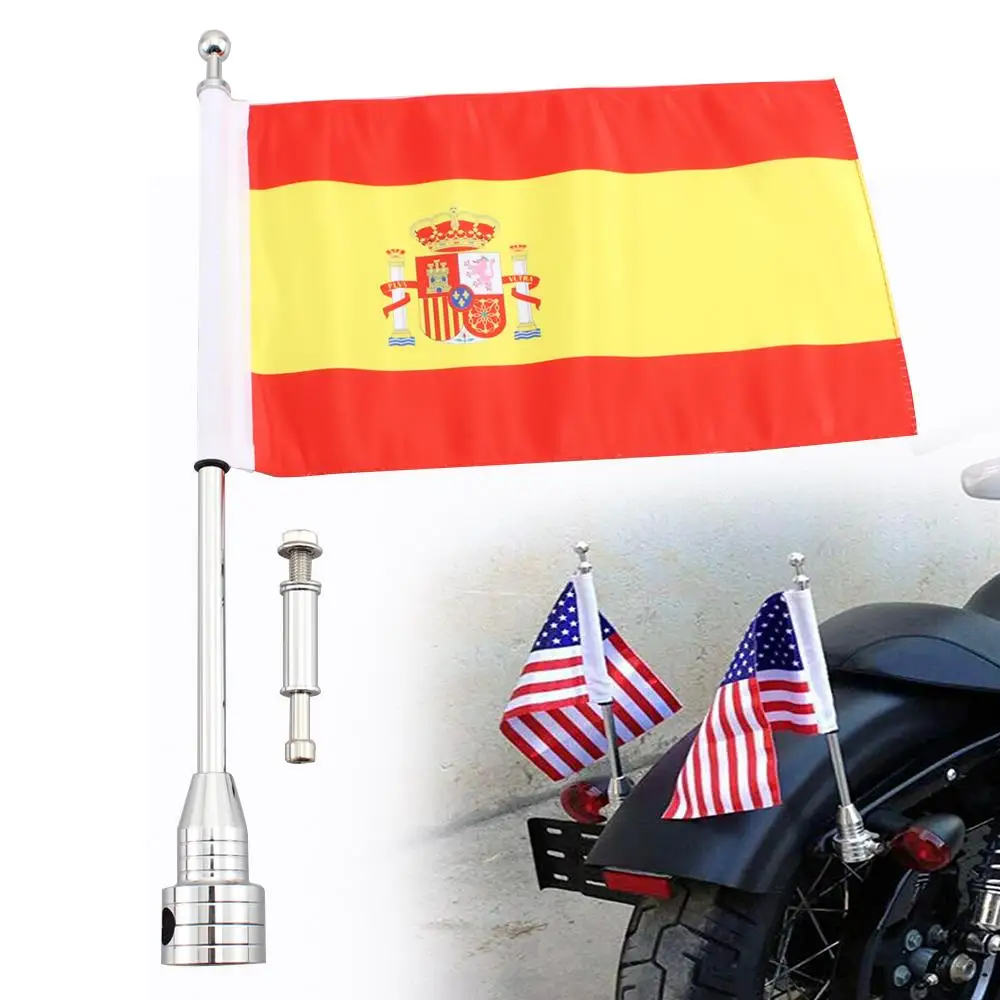 Chrome Motorcycle Rear Side Mount Flag Pole Spanish Flag Fit For Harley Luggage Rack