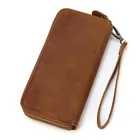 Mens Natural Vintage crazy horse Genuine Leather Long zipper Wallet