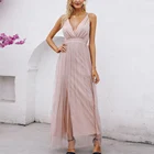 Fashion ruffle criss-cross back pink deep v-neck sexy dress evening party maxi long dresses