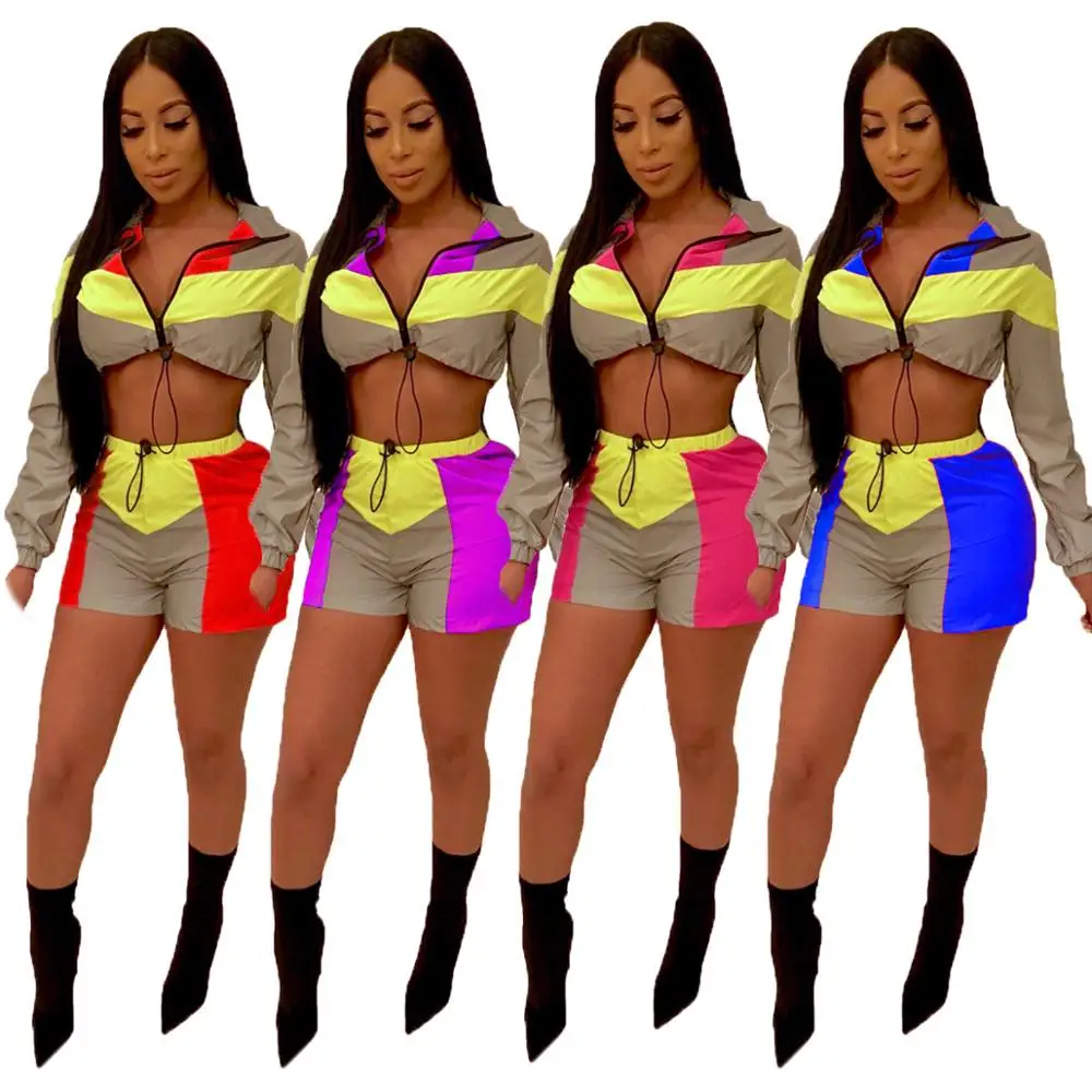 2019 trendy JA079 latest fashion reflective shorts and top two piece set women clothing