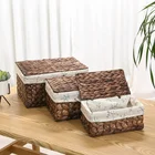 Customized Natural Water Hyacinth Rectangular Cosmetic Desktop Toys Basket Lid Design Cloth Lining Storage Baskets