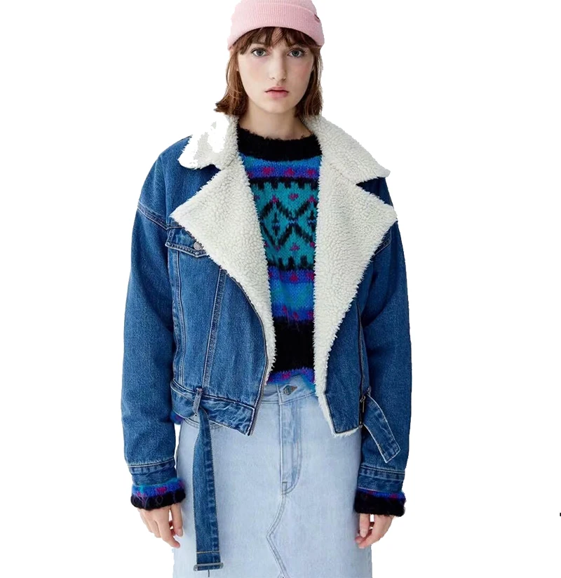 High Quality Denim Windbreaker Jacket Lined With Fleece Coats Wool Lining Jackets for Women