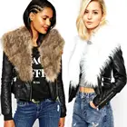 Large size woman slim zip leather short jacket faux fur fur collar stitching jacket handsome warm winter casual jackets