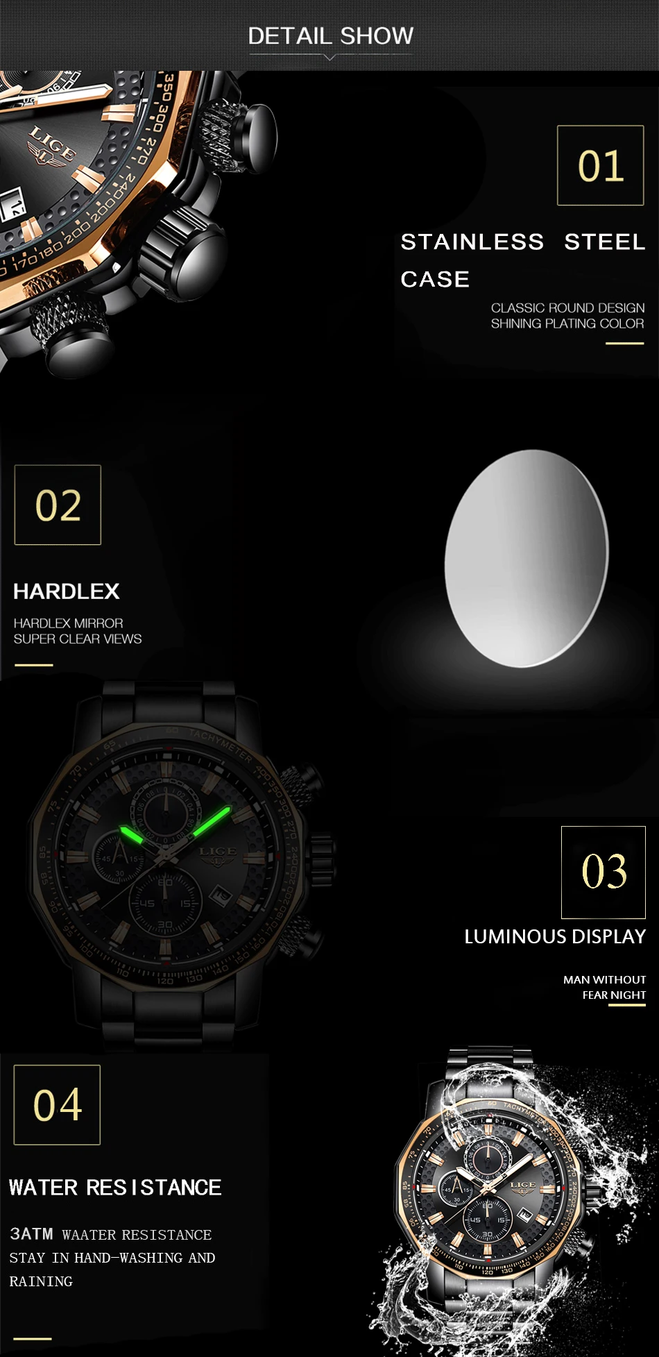 Lige 9902 Luxury Mens Quartz Watch Stainless Steel Waterproof