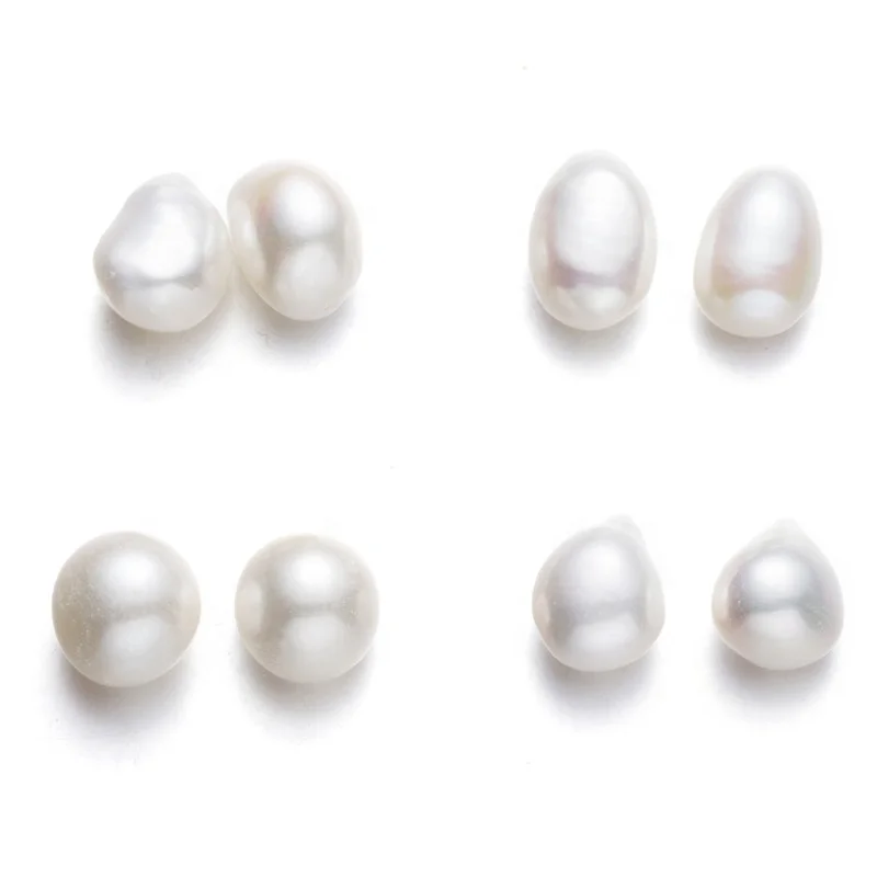 A pair Genuine Cultured Freshwater 8-9mm Pearl beads Button DIY Pendant Earrings