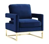 Modern Hot Sale Elegant Luxury Crushed Navy Blue Velvet Single Sofa Stainless Steel Gold Base Arm Side Chair