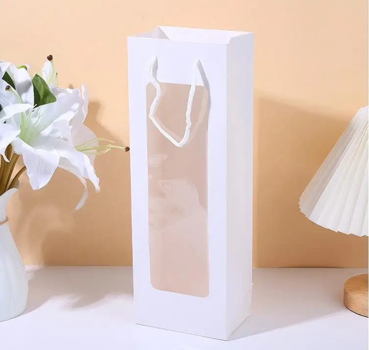 Durable luxury single wine bottle gift bag with art paper transparent window Durable luxury single wine bottle gift bag with art paper transparent window