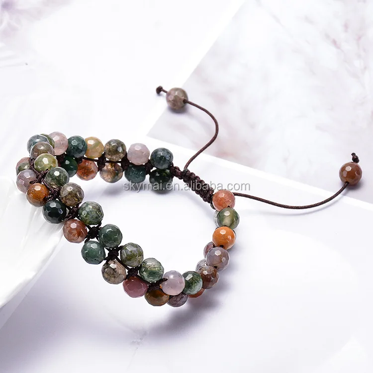 New 6mm Indian agate double row bracelet natural aspect onyx agate hand woven winding adjustable bracelet