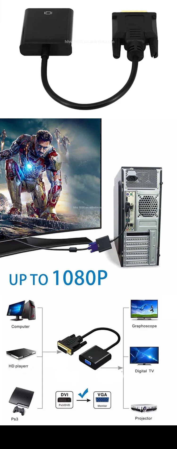 Wholesale High Quality Black DVI to VGA Adapter Supports 1080P 3D Male-Female adapter Connecting wire Cable PC to Display - ANKUX.COM