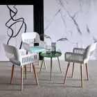 High quality dining room furniture white polypropylene armrest indoor plastic upholstered dining chair wooden legs
