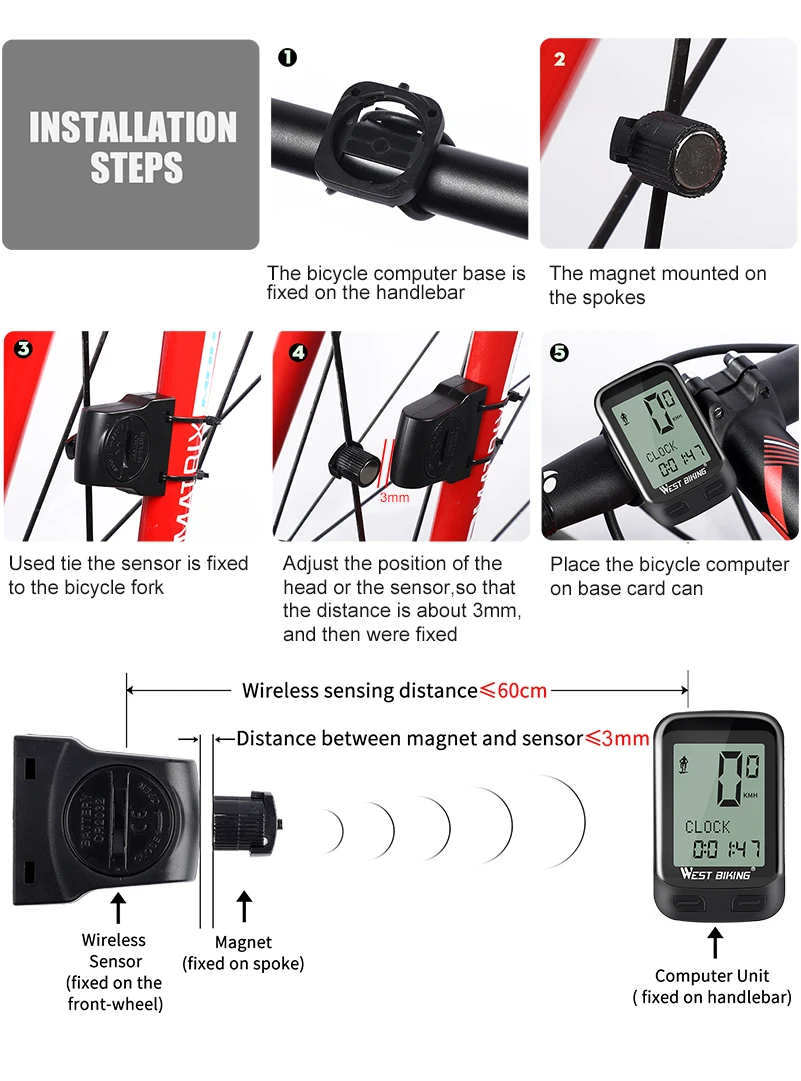 WEST BIKING 5 Language Bike Computer Fit For 2 Bike Speedometer Wireless Waterproof Stopwatch Wireless Exercise Bike Computer
