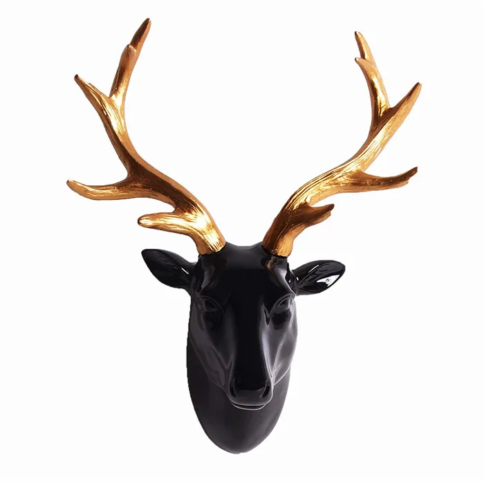 Polyresin/ciervo resina cabeza de animal cabeza de Animal decoración de la pared negro brillante de la resina de la cabeza de ciervo con oro Antlers para montaje en pared