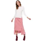 Women Cotton Long Skirts Elastic Waist Red Plaid Maxi Skirts