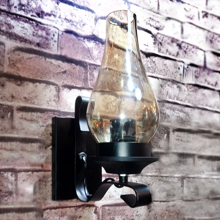 Vintage Rustic Single light Black Metal Wall Lamp Sconce with Glass Chimney Shade