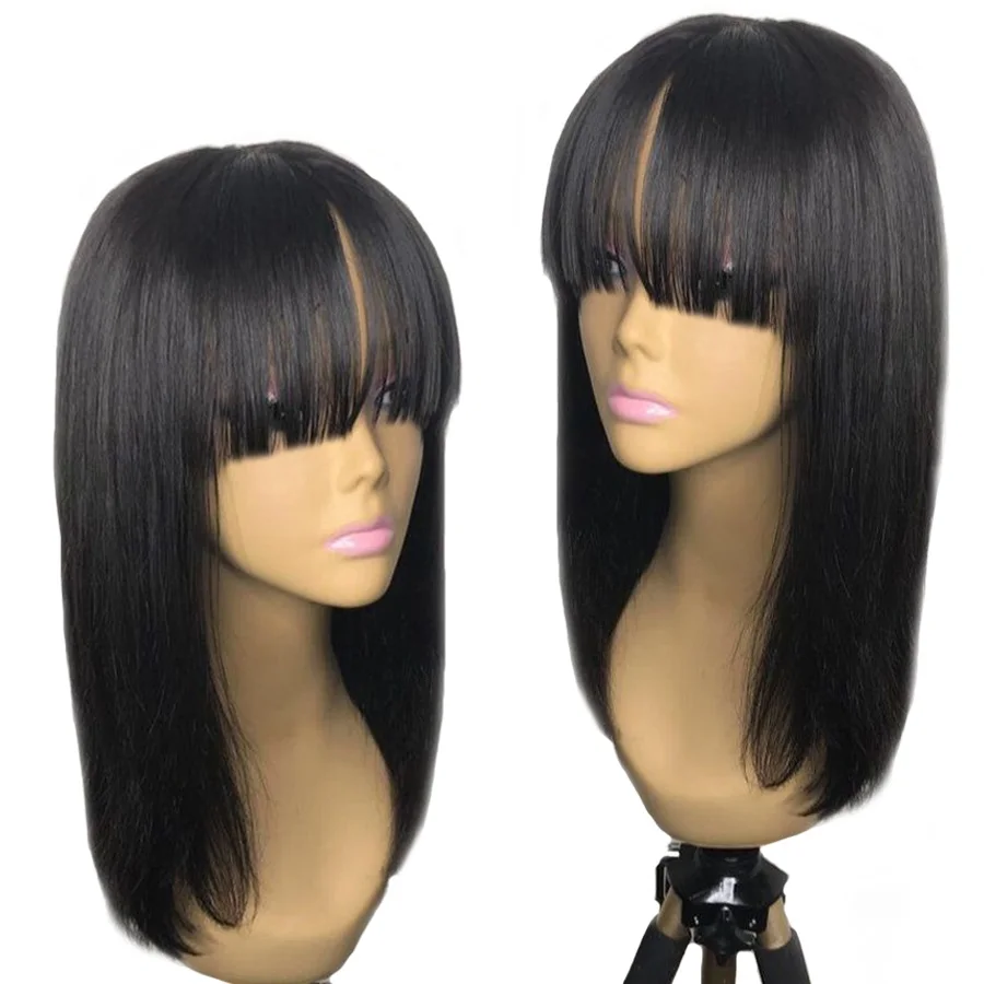 8 10 12 14 Short Human Hair Lace Wigs With Bangs, Brazilian Straight Hair  Bob Lace Wig With Front Fringe Bangs.jpg