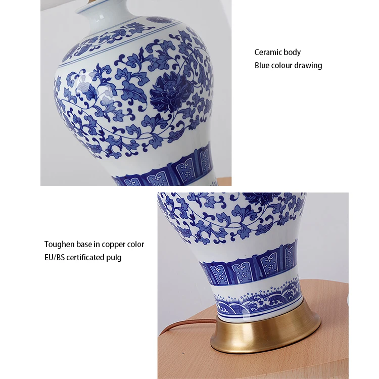 Hot sale Modern blue and white hotel home porcelain ceramics fabric shade table lamp