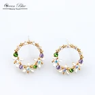 Korea Luxury Women Colorful Crystal Baguette Flowers Hoop Earrings for Bridal