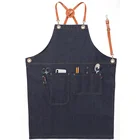 Wholesale work denim Adjustable Apron Hanging Neck Custom Printing LOGO Leather Straps Kitchen