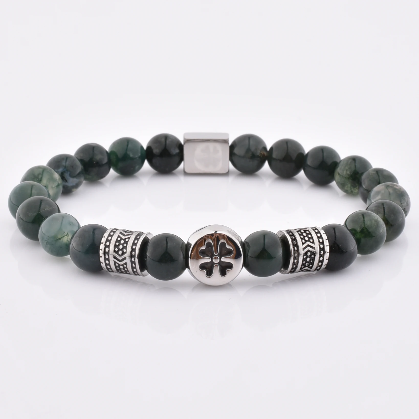 Beautiful Beaded Jewelry Unisex Stainless Steel Bead Elastic Moss Agate Bracelet