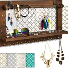 Wall Mounted Mesh Jewelry Organizer Rustic Brown Wood Chic Earring Holder with Shelf Hanging Hook for Necklace