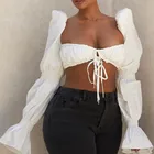 White Blouse Sleeve Woman Plain White Cotton Puff Long Sleeve Corset Tops Ruched Lace Up Blouse Women Crop Tops