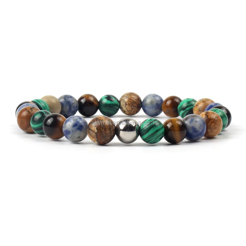 8MM National restoring ancient multielement natural stone beads with steel bead strech Yoga bracelet