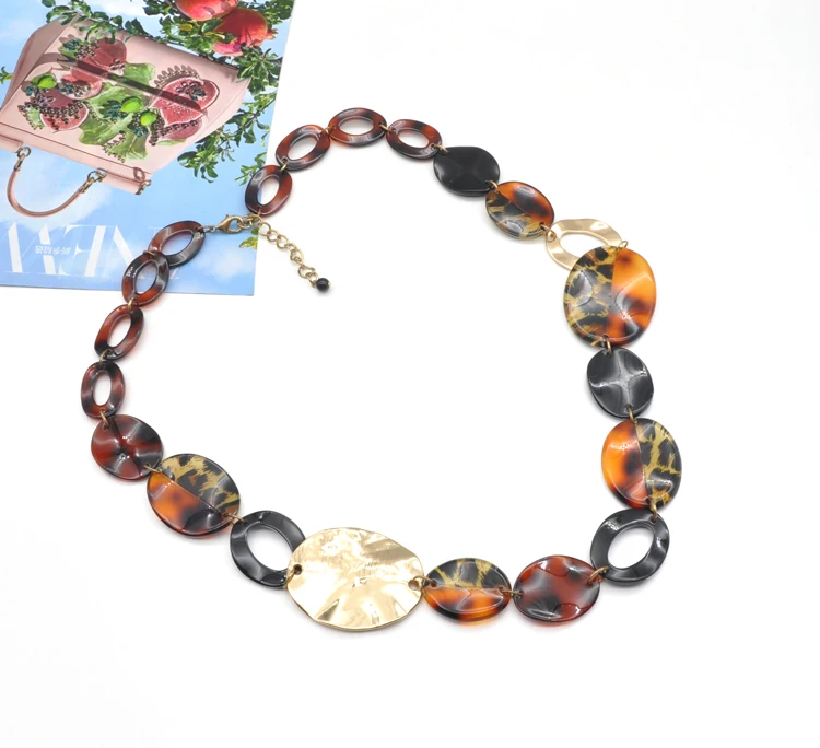 Bohemian tortoise shell acrylic resin chain link leopard print necklace metal punk chunky statement collar necklace