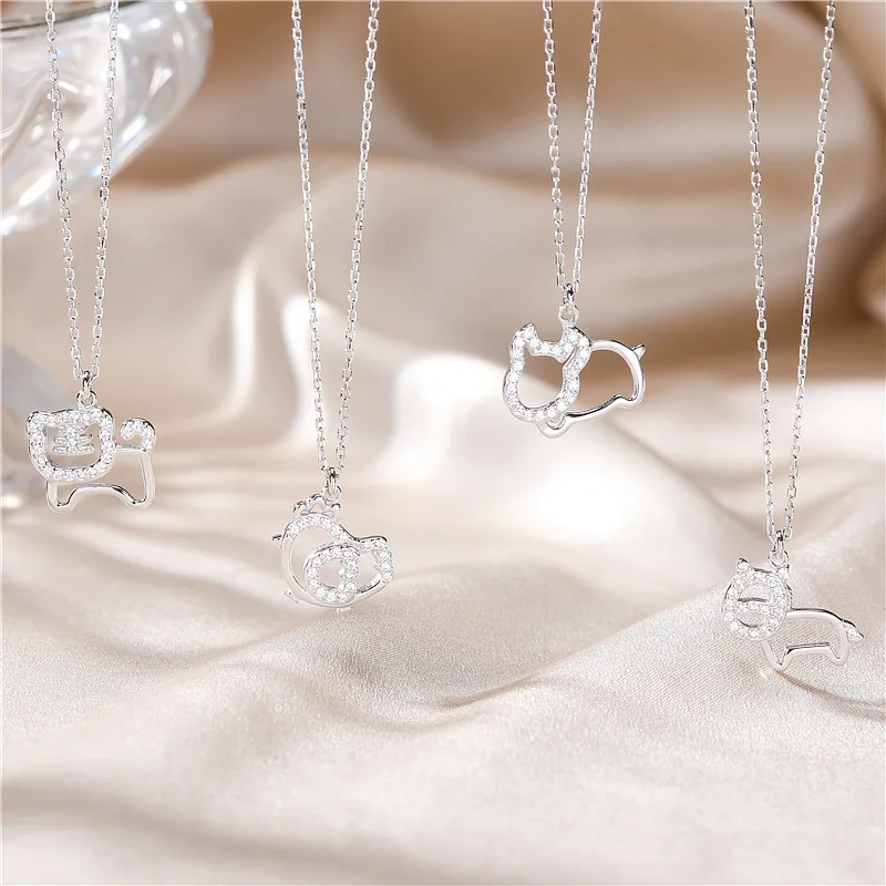 Women zodiac jewelry Rat Snake Dragon 12 chinese zodiac animal pendant necklaces 925 sterling silver wholesale