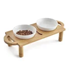 Ceramic Dog Bowl with Sturdy Bamboo Stand for Food and Water Bowls Pet Feeders Double Bowls Set