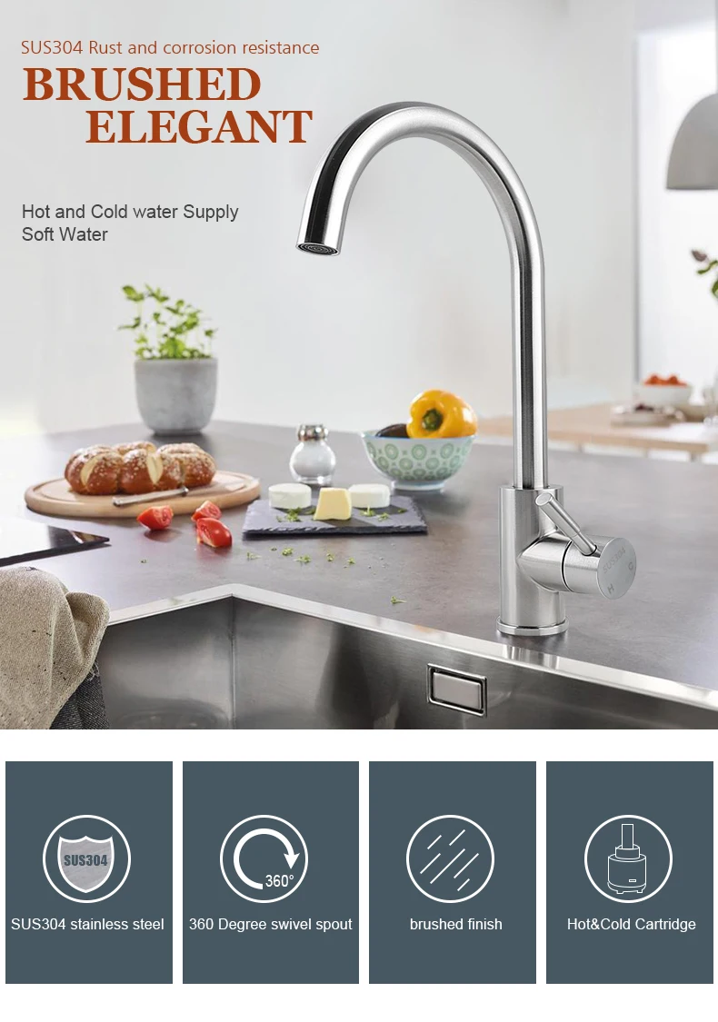 GuangDong Manufacture Deck Mounted SUS 304 Stainless Steel Faucet  Kitchen Sink Tap with Brushed Surface
