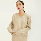 Beige long sleeves keep warm 100%wool casual women sweater