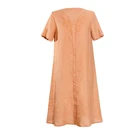 Orange Half Open Collar Short Sleeve Cotton And Linen Embroidery Casual Women Summer Dress