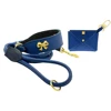 Wholesale OEM Manufacture, metal ribbon embellished Leather dog collar and lead set with matching treat pouch