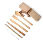 Canvas bag knife fork spoon and bamboo tableware set of 6 engraved with custom logo