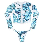 Tropical Print Swimsuit Leaf Long Sleeve Zipper Mesh Women Bikini Swimwear